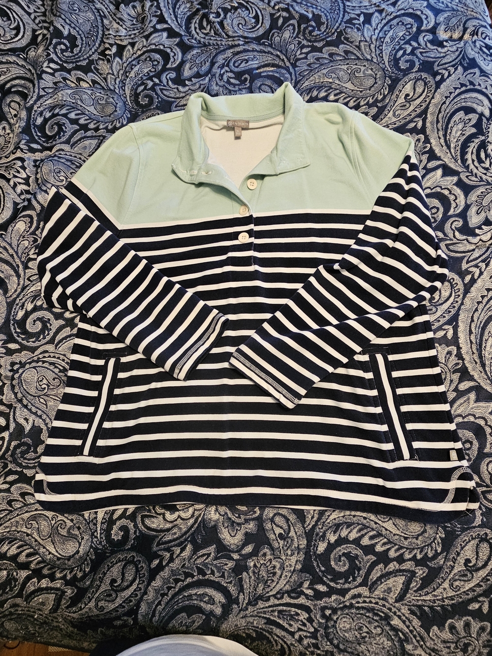 Talbots Mint and Navy Striped Long-Sleeve Polo
